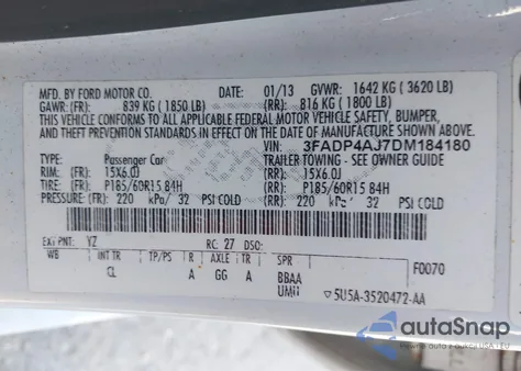 2013 Ford Fiesta S z USA, uszkodzony, nr VIN 3FADP4AJ7DM184180